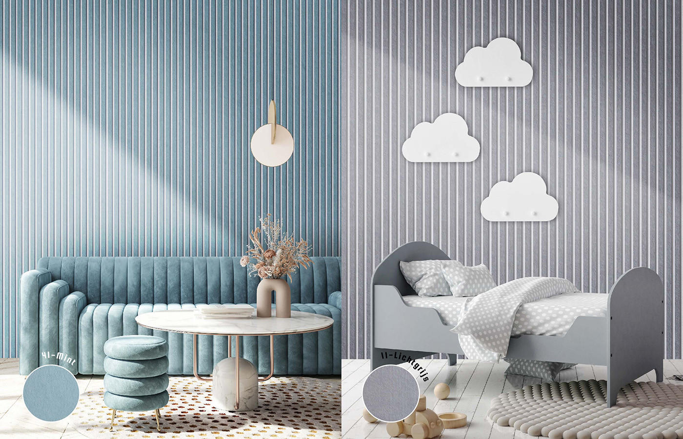 Afbeelding die twee lattenwanden in verschillende kleuren toont: mint en lichtgrijs. De lattenwanden worden vergeleken met sfeerbeelden van woonkamers.