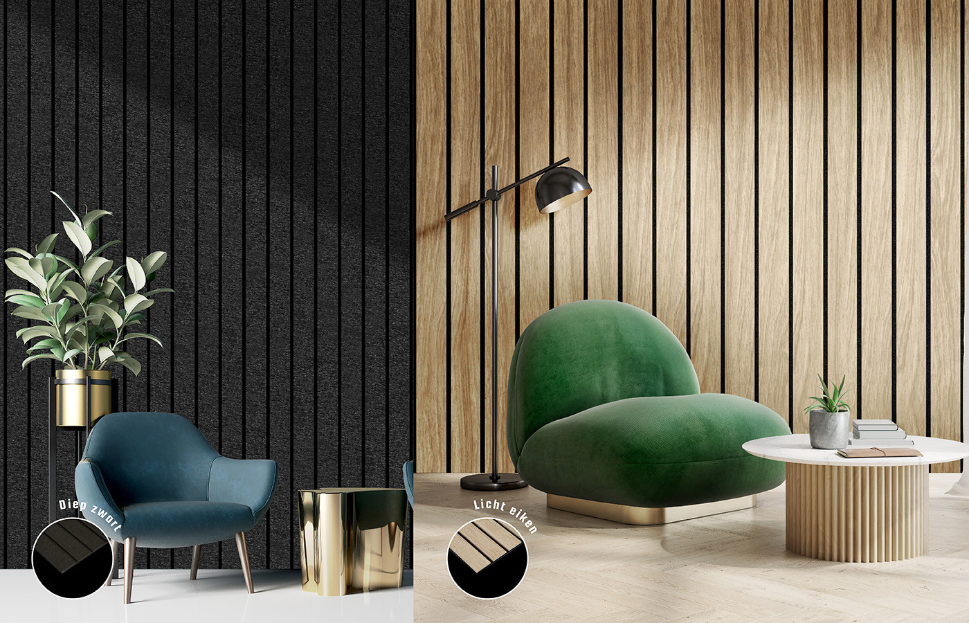 Afbeelding die twee lattenwanden in verschillende kleuren toont: diep zwart en licht eiken. De lattenwanden worden vergeleken met sfeerbeelden van woonkamers.