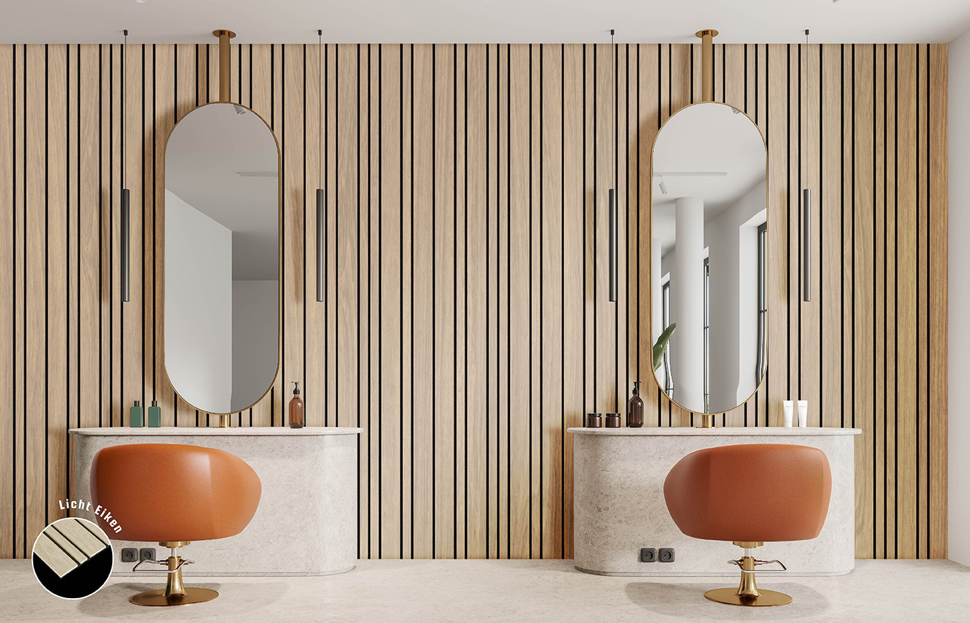 Sfeerbeeld van een luxe beautysalon, met op de wand een houtlook lattenwand van akoestisch PET-vilt.