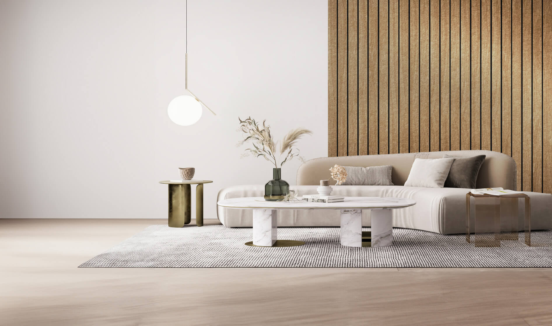 Impressie van een ruime, lichte woonkamer met een natuurlijke uitstraling. De wand is deels gestuct en deels bekleed met een houtlook lattenwand, gemaakt van akoestisch PET-vilt.